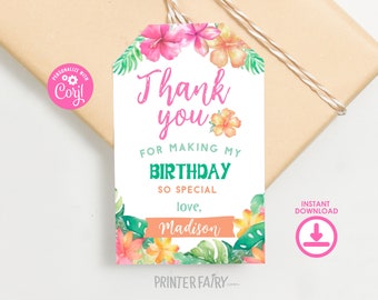 Luau Birthday Party Thank You Tags, Hawaiian Favor Tag, Tropical Birthday Party Favors, Luau Birthday Party Thank You tags,Editable Template