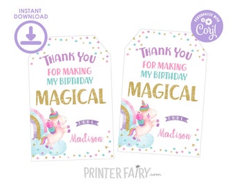 Unicorn Favor Tags, EDITABLE, Rainbow Birthday Party, Unicorn Birthday Party, Cute Unicorn Thank You Tags, INSTANT DOWNLOAD