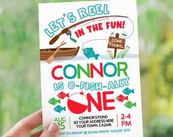 Invitación de primer cumpleaños con temática de pesca, O-Fish-ally One (Invitación digital)