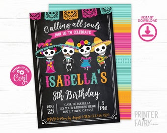 Day of the dead Invitation, EDITABLE, Dia de los Muertos Birthday, Mexican Birthday Party, Day of the dead party, INSTANT DOWNLOAD