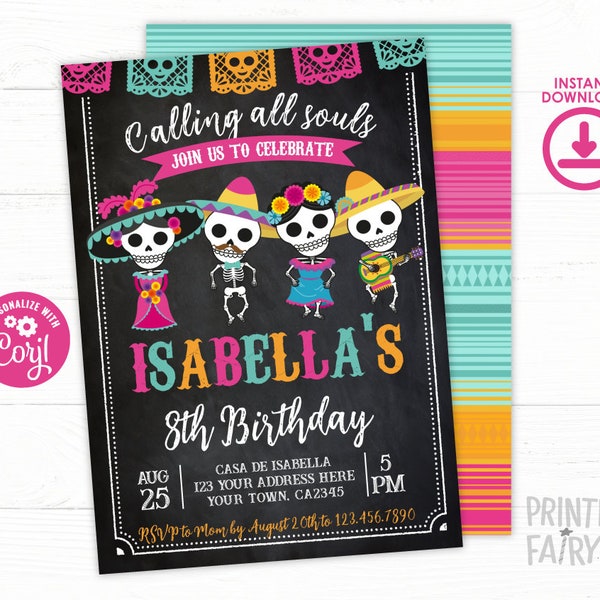 Day of the dead Invitation, EDITABLE, Dia de los Muertos Birthday, Mexican Birthday Party, Day of the dead party, INSTANT DOWNLOAD