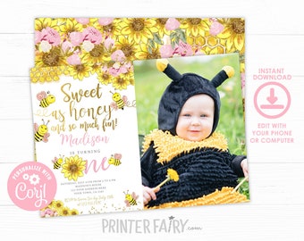 Bee 1st Birthday Invitation, Editable, Honey Bee Invitation, Bee Birthday Party, Sunflower Bee, Beeday Invitation, Instant Download