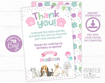 Puppies and Kitties Thank You Cards, Pawty Thank You Notes, Dog Birthday Party, Pet Adoption Party , Paw-ty Birthday, INSTANT DOWNLOAD