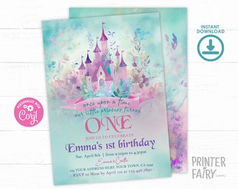 Princess First Birthday Invitation, Editable, Princess Castle Birthday Party Invitation, Once Upon a Time Girl Birthday Invite, Download
