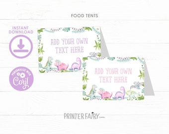 Dinosaur Food Tents, EDITABLE, Girl Birthday Party, Dinosaur Birthday Decorations, Printable Place Cards INSTANT DOWNLOAD