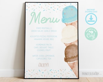 Ice Cream Baby Shower Dinner Menu, Baby Sprinkle Ice Cream Watercolor Baby Shower, Boy Baby Sprinkle, Ice Cream Baby Shower Food Table Sign