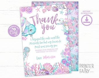 Under The Sea Birthday Party Thank You Card, Ocean Birthday Thank You Cards, Editable Card, Instant Download, Thank You Card Template