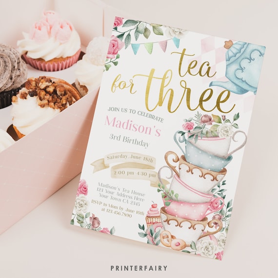 Editable "Tea for Three" Tea Party Invite, Wonderland Third Birthday, Girl Birthday Party Invitation, Editable in Corjl.