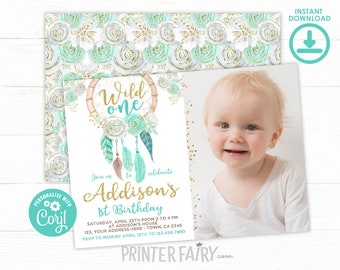 Wild One Girl Birthday Invitation with photo, EDITABLE, Dreamcatcher First Birthday Invitation, Boho, Tribal, INSTANT DOWNLOAD