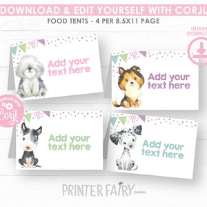 Puppy Food Cards, Dog Birthday Table Decorations, Dog Food Tents, Pet Adoption Party , Paw-ty Birthday, INSTANT DOWNLOAD