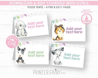 Puppy Food Cards, Dog Birthday Table Decorations, Dog Food Tents, Pet Adoption Party , Paw-ty Birthday, INSTANT DOWNLOAD