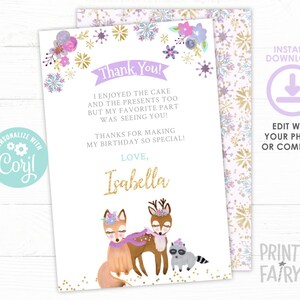 Winter Wonderland Thank You Card, Editable Thank You Cards, Girl Birthday, Woodland Thank You Notes, INSTANT DOWNLOAD