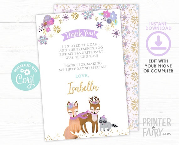 Winter Wonderland Thank You Card, Editable Thank You Cards, Girl Birthday, Woodland Thank You Notes, INSTANT DOWNLOAD Il_570xn