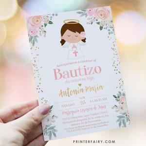 Invitacion de Bautizo Nina en Espanol, Invitacion Editable Imprimible de Angel de Bautizo para niña, Template in Español