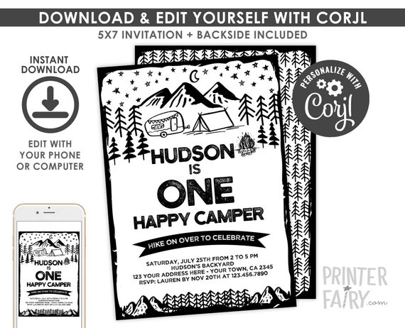 Happy Camper 1st Birthday Invitation, EDITABLE, Summer Camp Party, Camping Invitation, Backyard Birthday Party, INSTANT DOWNLOAD Il_570xn