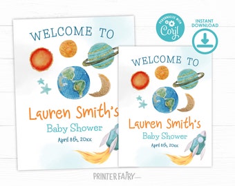 Outer Space Birthday Welcome Sign, Editable Template, Planets Rocket Ship Party Sign, Galaxy Birthday Party Welcome Sign, Space Party Sign