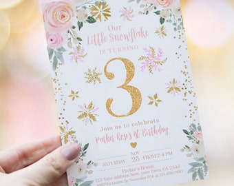 Winter Wonderland 3rd Birthday Invitation, Snowflake Editable Birthday Invitation, Winter Birthday Party, Floral Pink Gold INSTANT DOWNLOAD