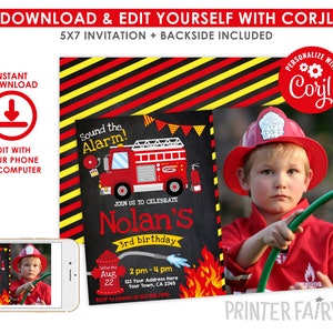 Firefighter Invitation With Photo, EDITABLE Fire Fighter Birthday Party ...
