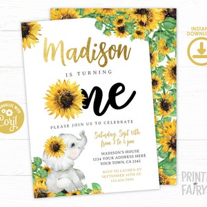 Elefant Sonnenblume 1. Geburtstagseinladung, EDITIERBAR, Sonnenblumen-Geburtstagseinladung, Elefant 1. Geburtstagseinladung, INSTANT DOWNLOAD