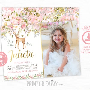 Deer Birthday Invitation with photo, EDITABLE, Fawn Invitation, Forest Birthday, Woodland Invitation, Floral Invitation, INSTANT DOWNLOAD image 1