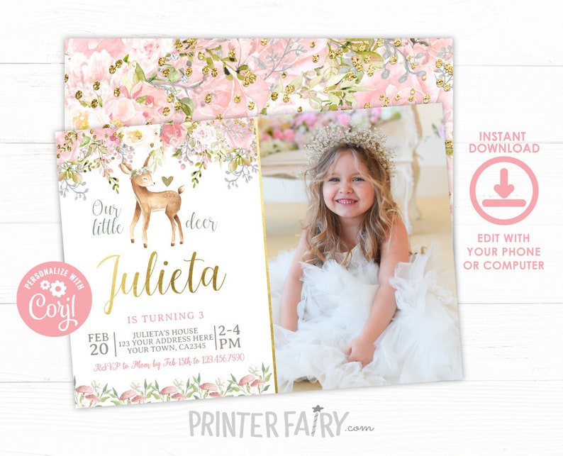 Deer Birthday Invitation with photo, EDITABLE, Fawn Invitation, Forest Birthday, Woodland Invitation, Floral Invitation, INSTANT DOWNLOAD image 1