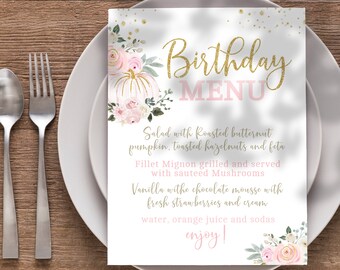 Editable Pumpkin Party Menu Sign, Fall Birthday Dinner Menu, Autumn Food Table Sign, Floral Pumpkin Printable Menu, Pink Pumpkin for girls