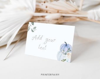 Dusty Blue Pumpkin Food Tents - Floral Buffet Labels for Bridal and Baby Showers, Perfect Place Cards for a Fall Celebration, Corjl Editable