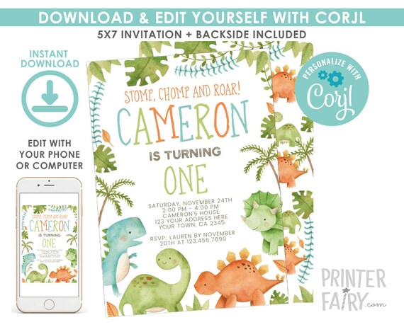 Dinosaur Invitation EDITABLE, Dinosaur Birthday Invitation, Dinosaur Birthday Party, Any age, EDIT YOURSELF Digital Invite, Instant Download Il_570xn