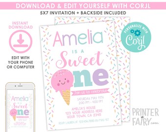 Ice Cream Invitation, First Birthday, EDITABLE Invitation, Ice Cream 1st birthday Invitation, Sweet One Invitation, EDIT YOURSELF with Corjl