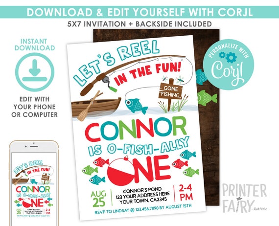 Fishing First Birthday Invitation, EDITABLE, O-Fish-ally One Invitation, Gone Fishing Party, Instant Download Digital Invitation Il_570xn