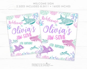 Shark Welcome Sign, EDITABLE, Shark Girl Birthday Party, Under the Sea Birthday Decorations, Printable Sign, INSTANT DOWNLOAD