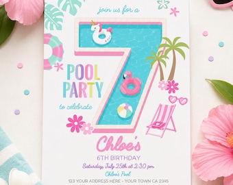 Pink Pool Party 7th Birthday Invite, Editable Unicorn Design, Instant Download