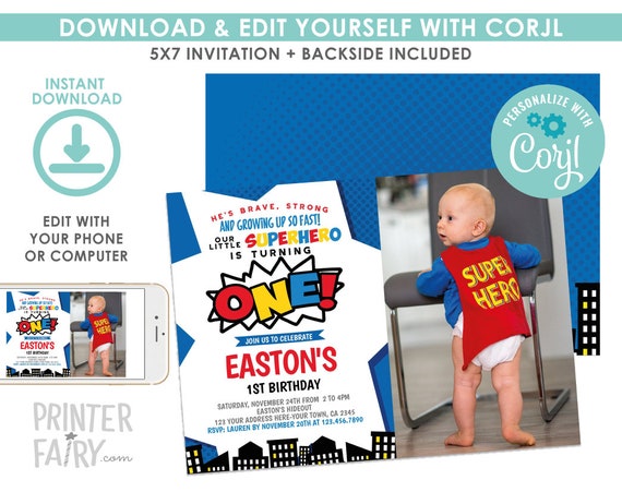 EDITABLE Superhero 1st Birthday Invitation with Photo, Comic Birthday Party, Little Superhero, EDIT YOURSELF Digital Invite Il_570xn