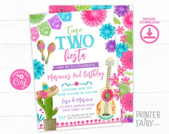 Fiesta Second Birthday Party Invitation, Editable Mexican Fiesta Invitation, Fiesta Decorations, Cinco de Mayo Birthday Time Two Siesta