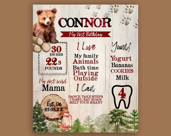 Bear Lumberjack 1st Birthday Board, Editable Baby Bear Milestones Sign, Winter Woodland Decoration, Printable Bunting