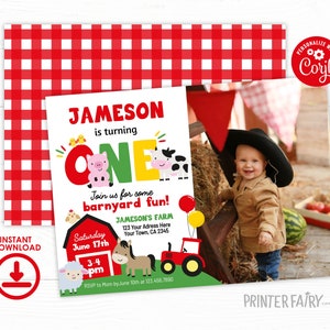 Farm First Birthday Invitation with Photo, Editable, Farm Animals Party, Barnyard Birthday Party Invitation Template, Instant Download