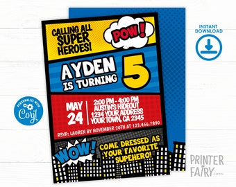 Comics Birthday Party Invitation, Editable, Little Superhero Party Invite, Superhero Birthday Party, Super Heroes Birthday Party, Printable