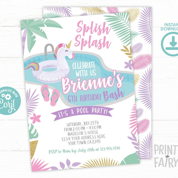 Unicorn Pool Party Invitation, EDITABLE, Unicorn Float Invitation, Pool Party Birthday Invite, Summer Birthday Party, INSTANT DOWNLOAD