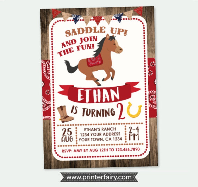 Cowboy Birthday Invitation, Horse Invitations, Pony Birthday Invitation, Buckaroo birthday invitation, DIGITAL, You print image 1