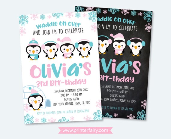 Penguin Birthday Invitation, Winter Birthday Party, Winter Wonderland Invitation, Snowflake Invitation, DIGITAL Personalized, 2 options Il_570xn