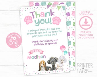 Puppy Thank You Cards, Pawty Thank You Notes, Dog Birthday Party, Pet Adoption Party , Paw-ty Birthday, Dog Thank You Card, INSTANT DOWNLOAD