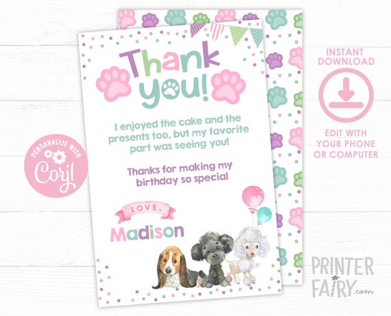 Puppy Thank You Cards Pawty Thank You Notes Dog Birthday Party Pet Adoption Party Paw Ty Birthday Dog Thank You Card Instant Download By Printerfairy Catch My Party