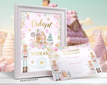 Nutcracker Adoption Sign & Certificate, Christmas Party Activities, Pink Nutcracker, Ballet Birthday Party, INSTANT DOWNLOAD