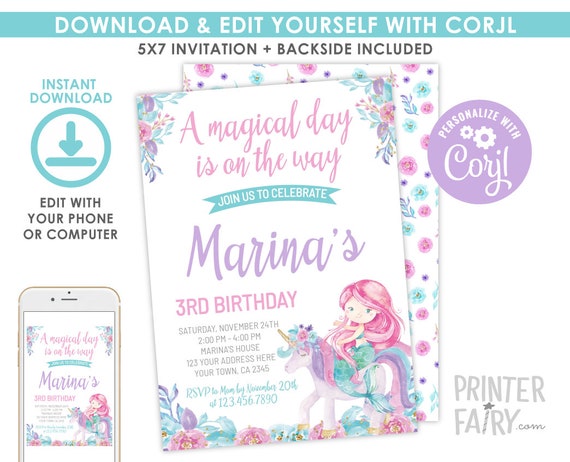 Unicorn and Mermaid Invitation, EDITABLE, Magical Celebration, Mermaid Birthday, Unicorn Invitation, Floral Party, INSTANT DOWNLOAD Il_570xn