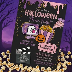 Halloween Movie Night Editable Invitation Template, Instant Download
