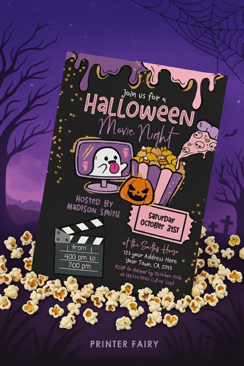 Halloween Movie Night Editable Invitation Template, Instant Download image 1