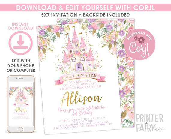 Princess Birthday Invitation, EDITABLE, Royal Birthday Invitation, Once Upon a Time Invite, Any age, EDIT YOURSELF Digital, Instant Download Il_570xn