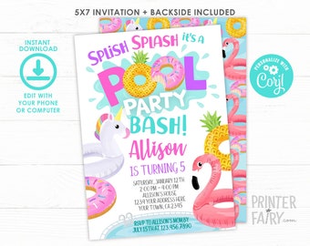 Pool Party Invitation, Pool Float Invite, Flamingo Invitation, EDITABLE, Unicorn Invitation, Summer Birthday Party, INSTANT DOWNLOAD