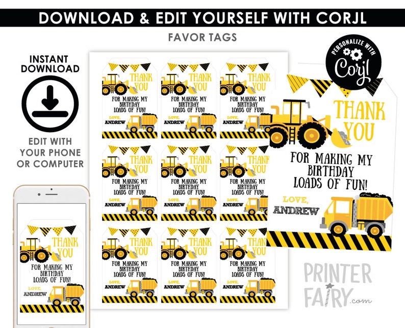 Construction Favor Tags, EDITABLE, Dump Truck Birthday, Construction Thank You Tag, Printable Favor Tags, INSTANT DOWNLOAD image 1