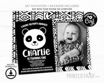 EDITABLE Panda Birthday Invitation with Photo, Black and White Birthday Party, Modern Birthday, Panda Invite, EDIT YOURSELF Digital Invite